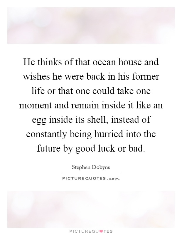 He thinks of that ocean house and wishes he were back in his former life or that one could take one moment and remain inside it like an egg inside its shell, instead of constantly being hurried into the future by good luck or bad Picture Quote #1