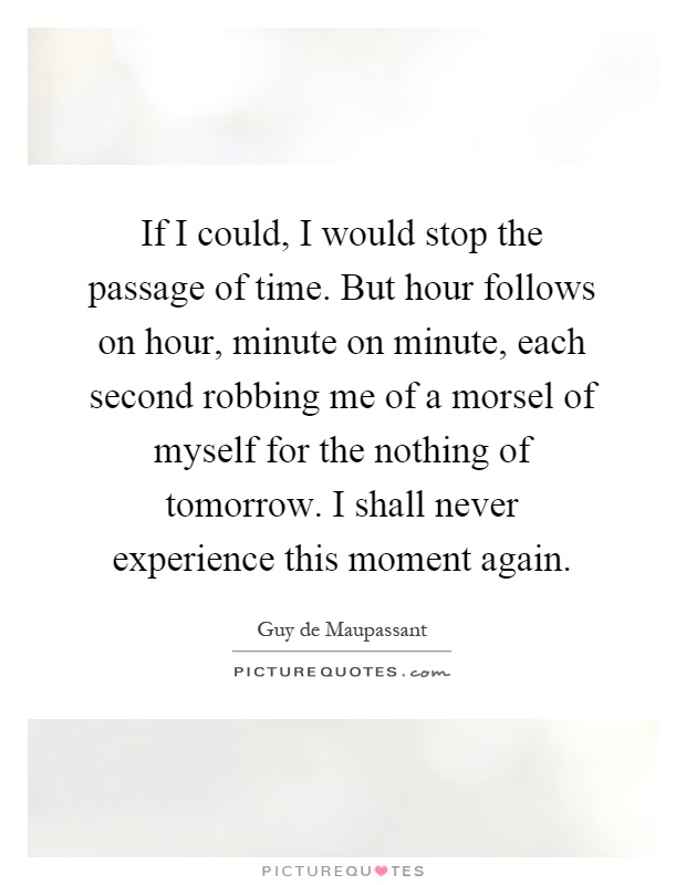 If I could, I would stop the passage of time. But hour follows on hour, minute on minute, each second robbing me of a morsel of myself for the nothing of tomorrow. I shall never experience this moment again Picture Quote #1