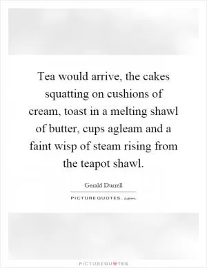 Tea would arrive, the cakes squatting on cushions of cream, toast in a melting shawl of butter, cups agleam and a faint wisp of steam rising from the teapot shawl Picture Quote #1