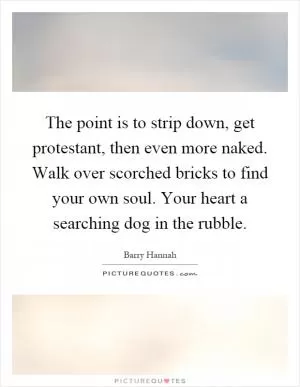 The point is to strip down, get protestant, then even more naked. Walk over scorched bricks to find your own soul. Your heart a searching dog in the rubble Picture Quote #1