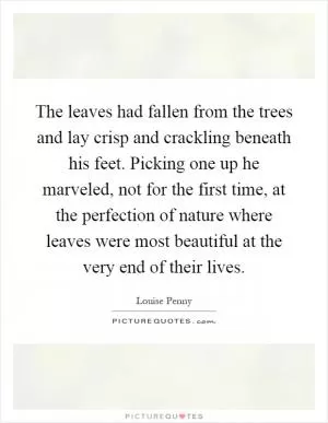 The leaves had fallen from the trees and lay crisp and crackling beneath his feet. Picking one up he marveled, not for the first time, at the perfection of nature where leaves were most beautiful at the very end of their lives Picture Quote #1