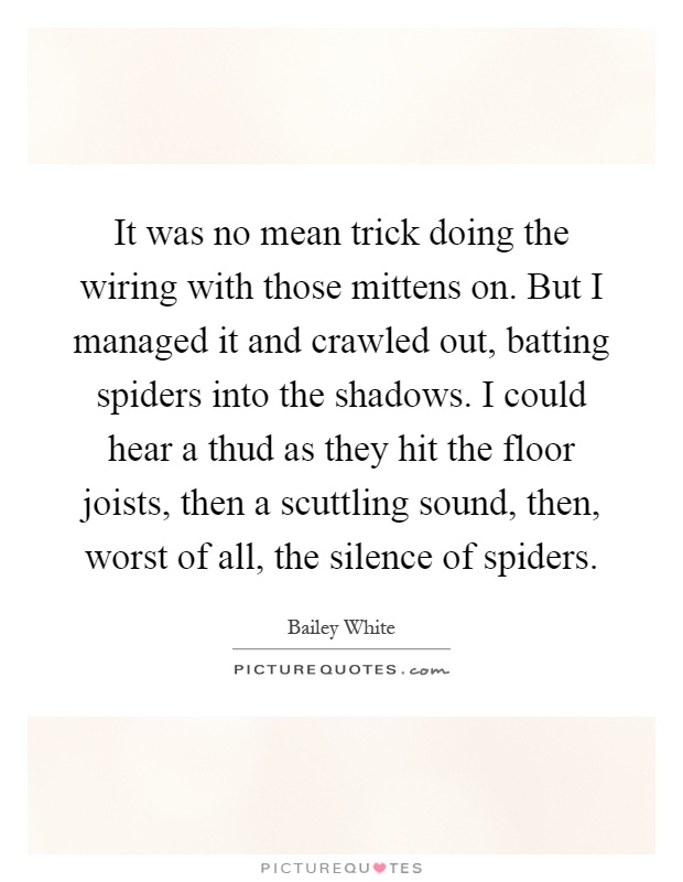 It was no mean trick doing the wiring with those mittens on. But I managed it and crawled out, batting spiders into the shadows. I could hear a thud as they hit the floor joists, then a scuttling sound, then, worst of all, the silence of spiders Picture Quote #1