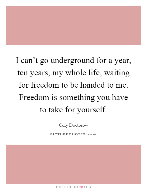 I can't go underground for a year, ten years, my whole life, waiting for freedom to be handed to me. Freedom is something you have to take for yourself Picture Quote #1