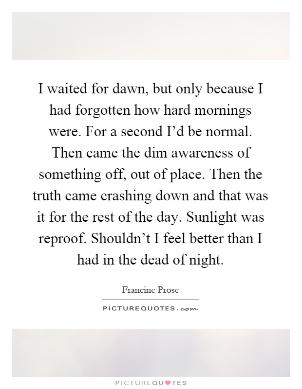 I waited for dawn, but only because I had forgotten how hard mornings were. For a second I'd be normal. Then came the dim awareness of something off, out of place. Then the truth came crashing down and that was it for the rest of the day. Sunlight was reproof. Shouldn't I feel better than I had in the dead of night Picture Quote #1