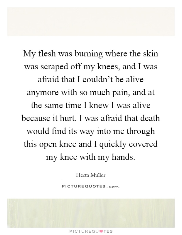 My flesh was burning where the skin was scraped off my knees, and I was afraid that I couldn't be alive anymore with so much pain, and at the same time I knew I was alive because it hurt. I was afraid that death would find its way into me through this open knee and I quickly covered my knee with my hands Picture Quote #1