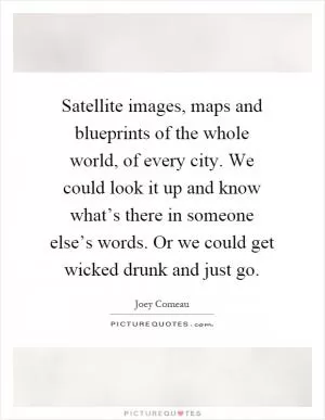 Satellite images, maps and blueprints of the whole world, of every city. We could look it up and know what’s there in someone else’s words. Or we could get wicked drunk and just go Picture Quote #1