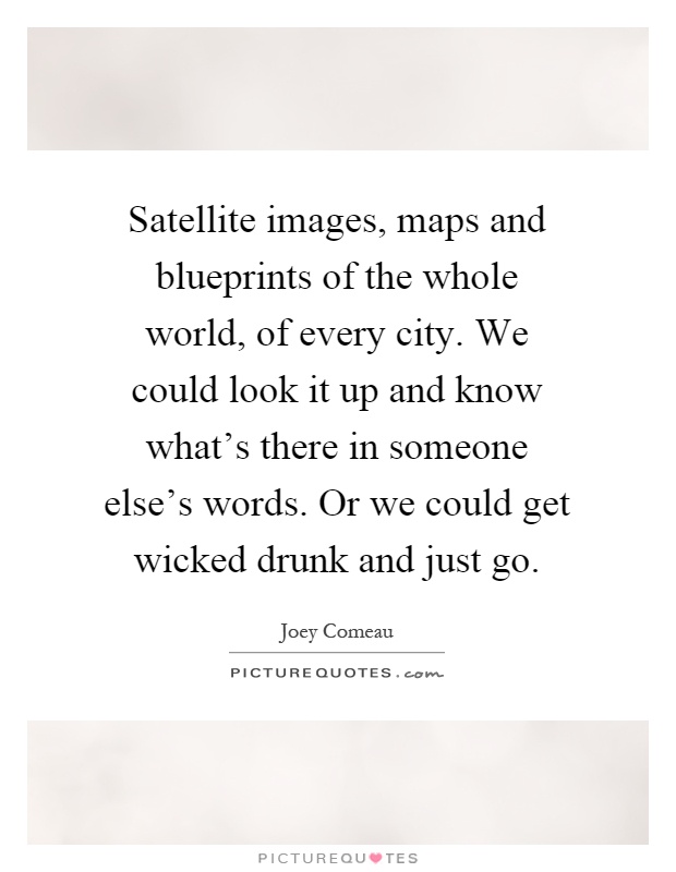 Satellite images, maps and blueprints of the whole world, of every city. We could look it up and know what's there in someone else's words. Or we could get wicked drunk and just go Picture Quote #1