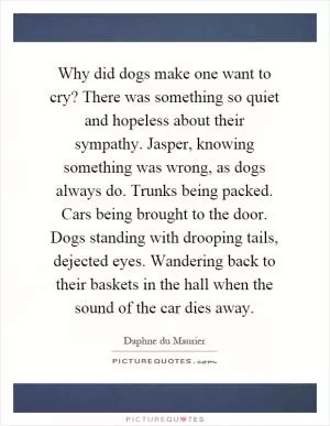 Why did dogs make one want to cry? There was something so quiet and hopeless about their sympathy. Jasper, knowing something was wrong, as dogs always do. Trunks being packed. Cars being brought to the door. Dogs standing with drooping tails, dejected eyes. Wandering back to their baskets in the hall when the sound of the car dies away Picture Quote #1