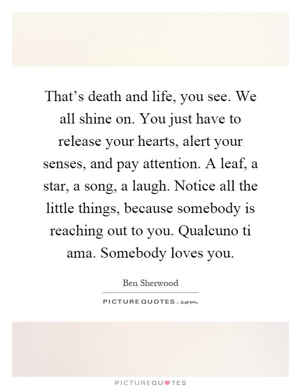 That's death and life, you see. We all shine on. You just have to release your hearts, alert your senses, and pay attention. A leaf, a star, a song, a laugh. Notice all the little things, because somebody is reaching out to you. Qualcuno ti ama. Somebody loves you Picture Quote #1