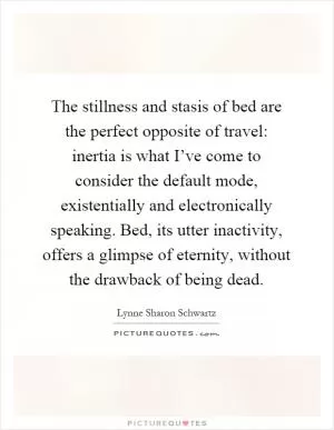 The stillness and stasis of bed are the perfect opposite of travel: inertia is what I’ve come to consider the default mode, existentially and electronically speaking. Bed, its utter inactivity, offers a glimpse of eternity, without the drawback of being dead Picture Quote #1