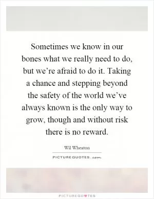 Sometimes we know in our bones what we really need to do, but we’re afraid to do it. Taking a chance and stepping beyond the safety of the world we’ve always known is the only way to grow, though and without risk there is no reward Picture Quote #1