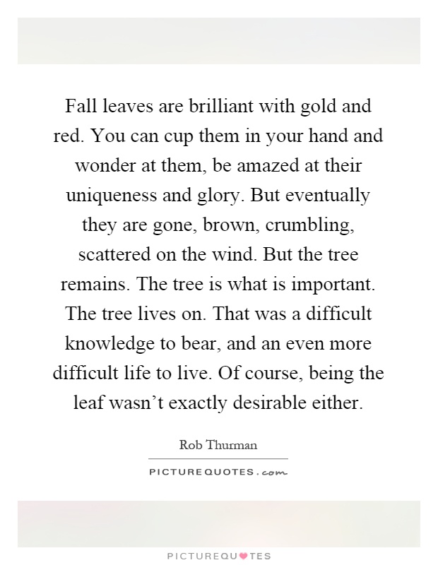 Fall leaves are brilliant with gold and red. You can cup them in your hand and wonder at them, be amazed at their uniqueness and glory. But eventually they are gone, brown, crumbling, scattered on the wind. But the tree remains. The tree is what is important. The tree lives on. That was a difficult knowledge to bear, and an even more difficult life to live. Of course, being the leaf wasn't exactly desirable either Picture Quote #1
