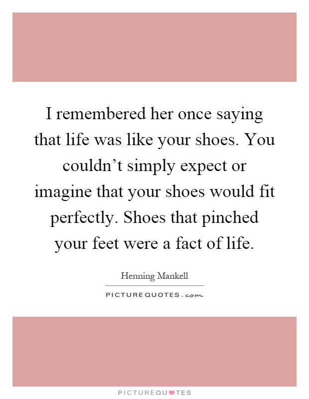 I remembered her once saying that life was like your shoes. You couldn't simply expect or imagine that your shoes would fit perfectly. Shoes that pinched your feet were a fact of life Picture Quote #1