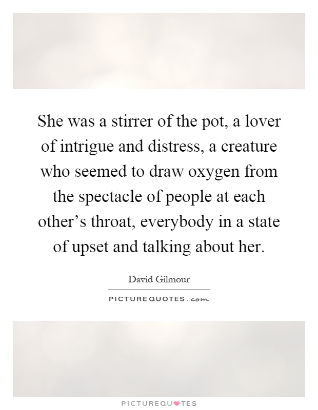 She was a stirrer of the pot, a lover of intrigue and distress, a creature who seemed to draw oxygen from the spectacle of people at each other's throat, everybody in a state of upset and talking about her Picture Quote #1