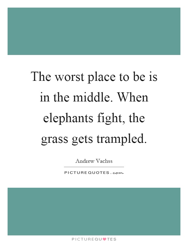 The worst place to be is in the middle. When elephants fight, the grass gets trampled Picture Quote #1