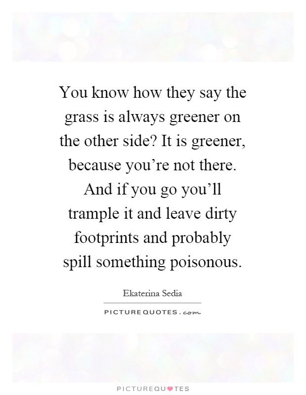 You know how they say the grass is always greener on the other side? It is greener, because you're not there. And if you go you'll trample it and leave dirty footprints and probably spill something poisonous Picture Quote #1