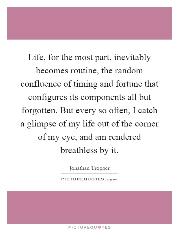Life, for the most part, inevitably becomes routine, the random confluence of timing and fortune that configures its components all but forgotten. But every so often, I catch a glimpse of my life out of the corner of my eye, and am rendered breathless by it Picture Quote #1