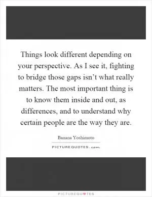 Things look different depending on your perspective. As I see it, fighting to bridge those gaps isn’t what really matters. The most important thing is to know them inside and out, as differences, and to understand why certain people are the way they are Picture Quote #1