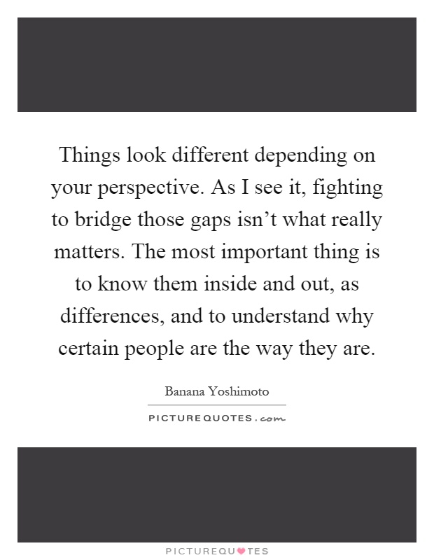 Things look different depending on your perspective. As I see it, fighting to bridge those gaps isn't what really matters. The most important thing is to know them inside and out, as differences, and to understand why certain people are the way they are Picture Quote #1