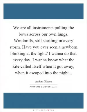We are all instruments pulling the bows across our own lungs. Windmills, still startling in every storm. Have you ever seen a newborn blinking at the light? I wanna do that every day. I wanna know what the kite called itself when it got away, when it escaped into the night Picture Quote #1