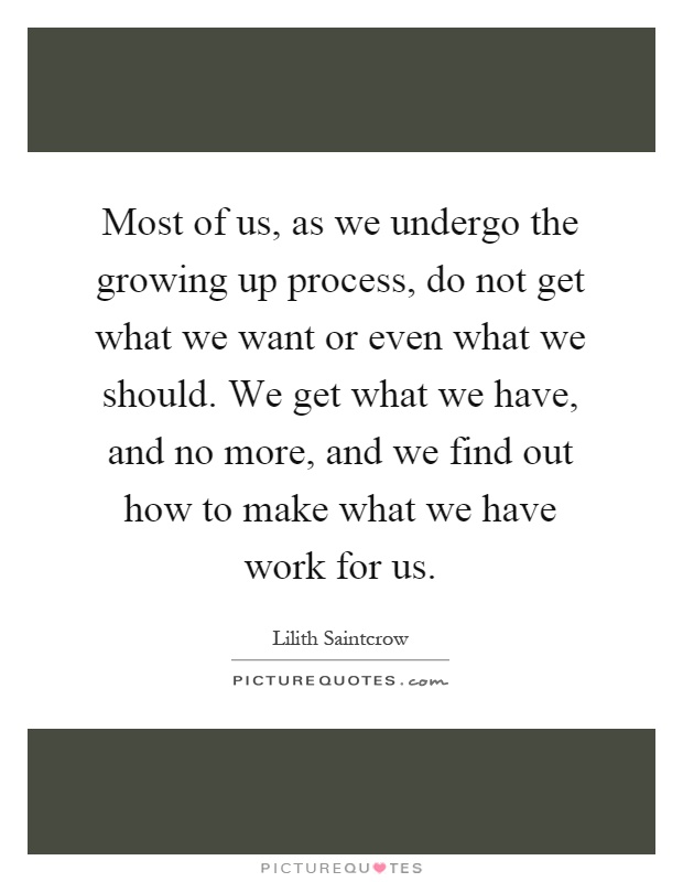 Most of us, as we undergo the growing up process, do not get what we want or even what we should. We get what we have, and no more, and we find out how to make what we have work for us Picture Quote #1