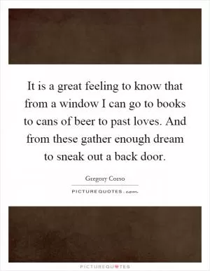 It is a great feeling to know that from a window I can go to books to cans of beer to past loves. And from these gather enough dream to sneak out a back door Picture Quote #1