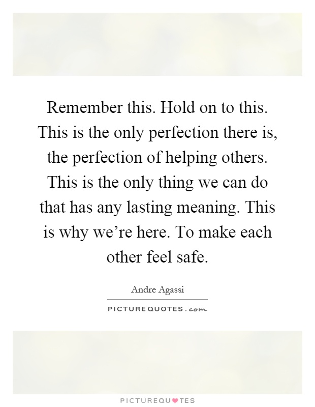 Remember this. Hold on to this. This is the only perfection there is, the perfection of helping others. This is the only thing we can do that has any lasting meaning. This is why we're here. To make each other feel safe Picture Quote #1