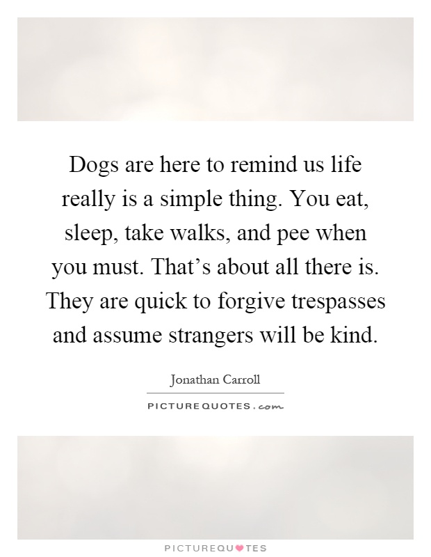Dogs are here to remind us life really is a simple thing. You eat, sleep, take walks, and pee when you must. That's about all there is. They are quick to forgive trespasses and assume strangers will be kind Picture Quote #1