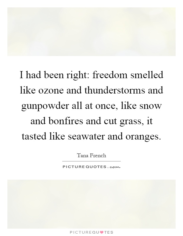 I had been right: freedom smelled like ozone and thunderstorms and gunpowder all at once, like snow and bonfires and cut grass, it tasted like seawater and oranges Picture Quote #1