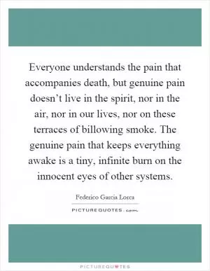 Everyone understands the pain that accompanies death, but genuine pain doesn’t live in the spirit, nor in the air, nor in our lives, nor on these terraces of billowing smoke. The genuine pain that keeps everything awake is a tiny, infinite burn on the innocent eyes of other systems Picture Quote #1