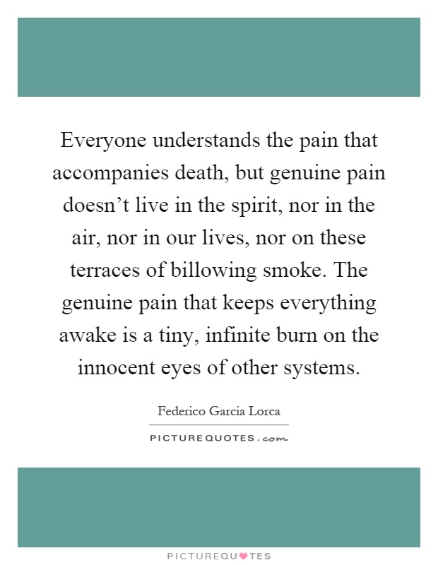 Everyone understands the pain that accompanies death, but genuine pain doesn't live in the spirit, nor in the air, nor in our lives, nor on these terraces of billowing smoke. The genuine pain that keeps everything awake is a tiny, infinite burn on the innocent eyes of other systems Picture Quote #1