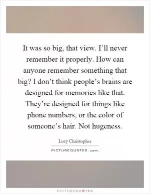 It was so big, that view. I’ll never remember it properly. How can anyone remember something that big? I don’t think people’s brains are designed for memories like that. They’re designed for things like phone numbers, or the color of someone’s hair. Not hugeness Picture Quote #1