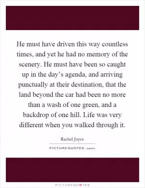 He must have driven this way countless times, and yet he had no memory of the scenery. He must have been so caught up in the day’s agenda, and arriving punctually at their destination, that the land beyond the car had been no more than a wash of one green, and a backdrop of one hill. Life was very different when you walked through it Picture Quote #1