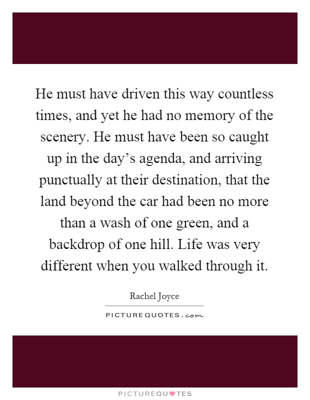He must have driven this way countless times, and yet he had no memory of the scenery. He must have been so caught up in the day's agenda, and arriving punctually at their destination, that the land beyond the car had been no more than a wash of one green, and a backdrop of one hill. Life was very different when you walked through it Picture Quote #1