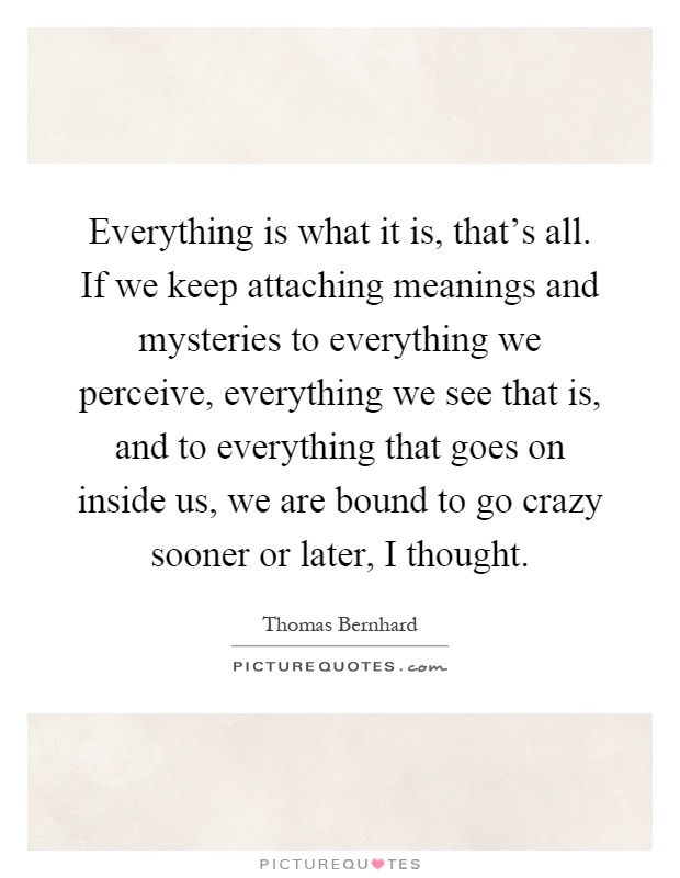 Everything is what it is, that's all. If we keep attaching meanings and mysteries to everything we perceive, everything we see that is, and to everything that goes on inside us, we are bound to go crazy sooner or later, I thought Picture Quote #1