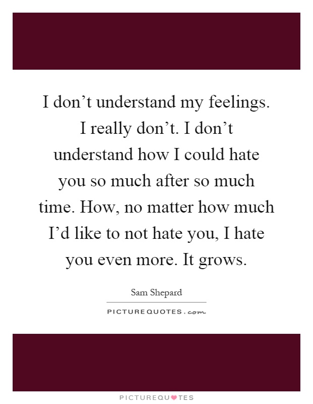 I don't understand my feelings. I really don't. I don't understand how I could hate you so much after so much time. How, no matter how much I'd like to not hate you, I hate you even more. It grows Picture Quote #1