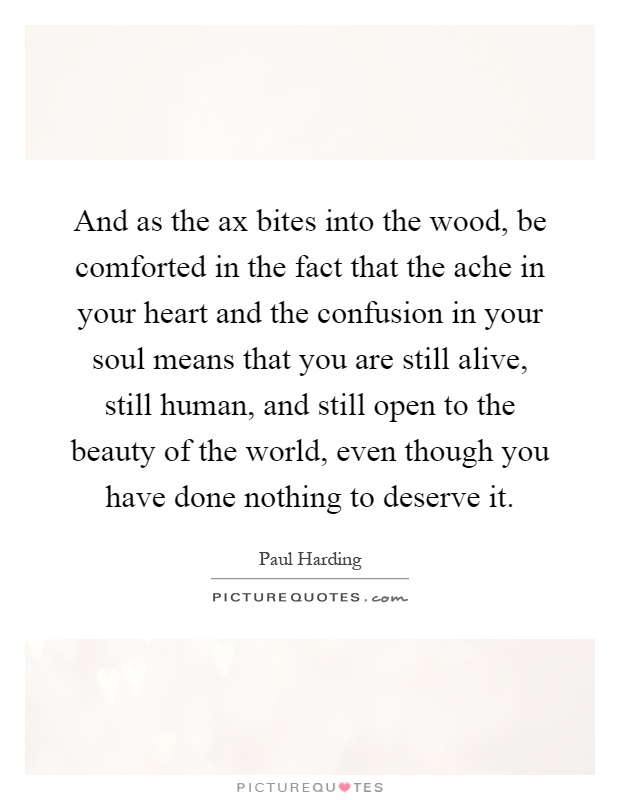 And as the ax bites into the wood, be comforted in the fact that the ache in your heart and the confusion in your soul means that you are still alive, still human, and still open to the beauty of the world, even though you have done nothing to deserve it Picture Quote #1