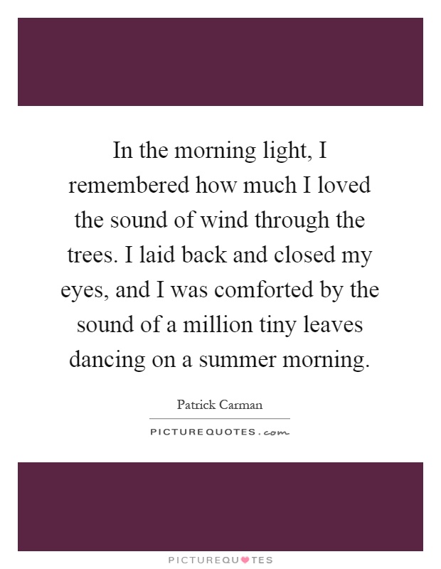 In the morning light, I remembered how much I loved the sound of wind through the trees. I laid back and closed my eyes, and I was comforted by the sound of a million tiny leaves dancing on a summer morning Picture Quote #1
