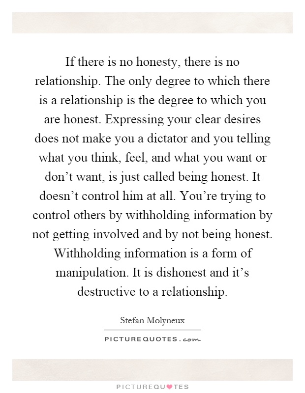If there is no honesty, there is no relationship. The only degree to which there is a relationship is the degree to which you are honest. Expressing your clear desires does not make you a dictator and you telling what you think, feel, and what you want or don't want, is just called being honest. It doesn't control him at all. You're trying to control others by withholding information by not getting involved and by not being honest. Withholding information is a form of manipulation. It is dishonest and it's destructive to a relationship Picture Quote #1
