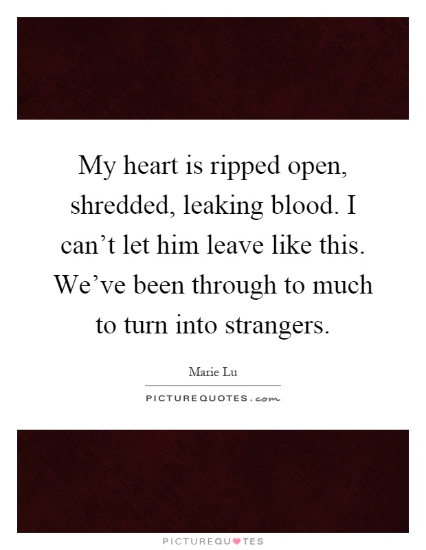 My heart is ripped open, shredded, leaking blood. I can't let him leave like this. We've been through to much to turn into strangers Picture Quote #1