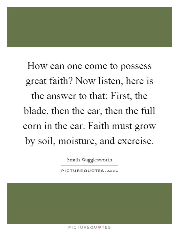 How can one come to possess great faith? Now listen, here is the answer to that: First, the blade, then the ear, then the full corn in the ear. Faith must grow by soil, moisture, and exercise Picture Quote #1