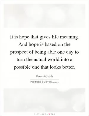 It is hope that gives life meaning. And hope is based on the prospect of being able one day to turn the actual world into a possible one that looks better Picture Quote #1