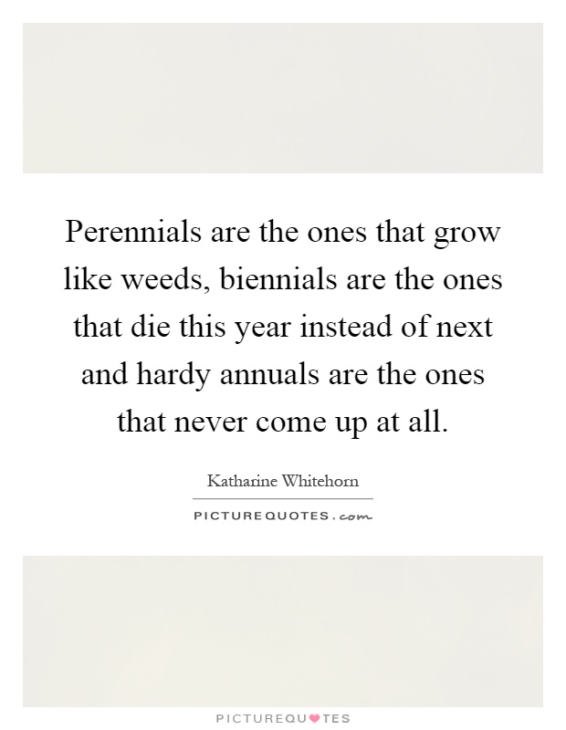 Perennials are the ones that grow like weeds, biennials are the ones that die this year instead of next and hardy annuals are the ones that never come up at all Picture Quote #1