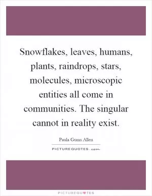 Snowflakes, leaves, humans, plants, raindrops, stars, molecules, microscopic entities all come in communities. The singular cannot in reality exist Picture Quote #1
