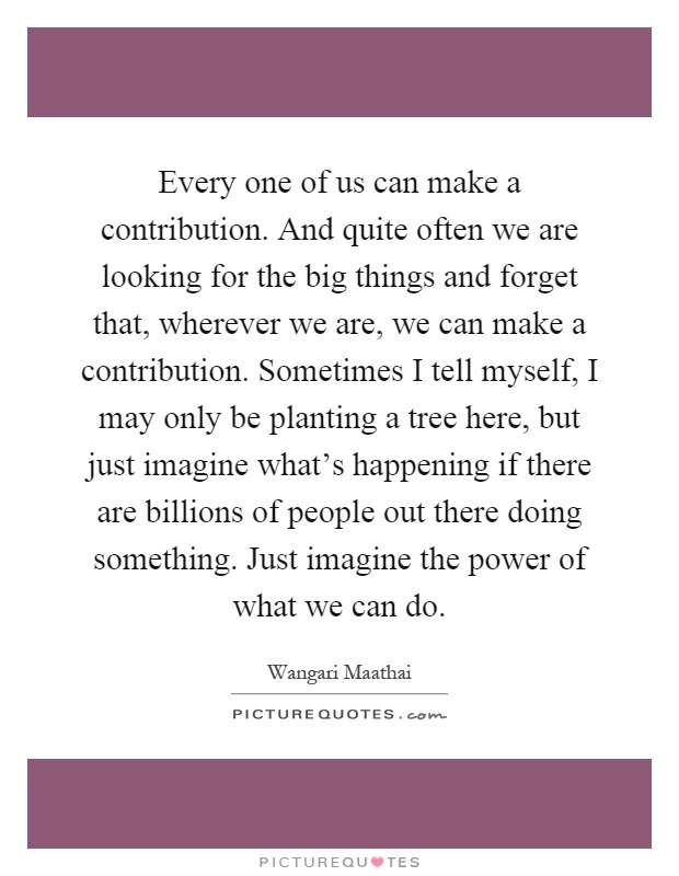 Every one of us can make a contribution. And quite often we are looking for the big things and forget that, wherever we are, we can make a contribution. Sometimes I tell myself, I may only be planting a tree here, but just imagine what's happening if there are billions of people out there doing something. Just imagine the power of what we can do Picture Quote #1