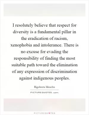 I resolutely believe that respect for diversity is a fundamental pillar in the eradication of racism, xenophobia and intolerance. There is no excuse for evading the responsibility of finding the most suitable path toward the elimination of any expression of discrimination against indigenous peoples Picture Quote #1