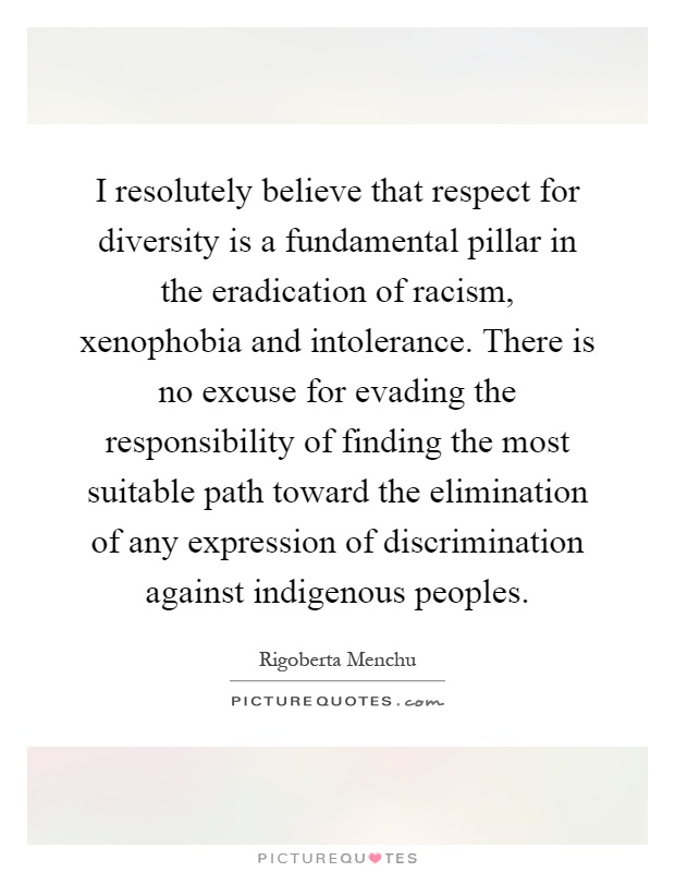 I resolutely believe that respect for diversity is a fundamental pillar in the eradication of racism, xenophobia and intolerance. There is no excuse for evading the responsibility of finding the most suitable path toward the elimination of any expression of discrimination against indigenous peoples Picture Quote #1