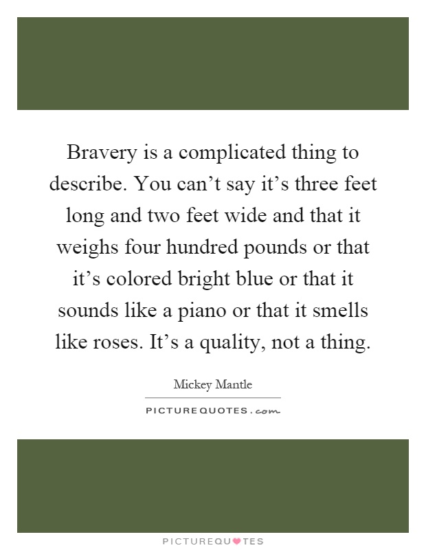 Bravery is a complicated thing to describe. You can't say it's three feet long and two feet wide and that it weighs four hundred pounds or that it's colored bright blue or that it sounds like a piano or that it smells like roses. It's a quality, not a thing Picture Quote #1