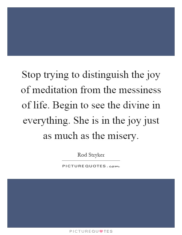 Stop trying to distinguish the joy of meditation from the messiness of life. Begin to see the divine in everything. She is in the joy just as much as the misery Picture Quote #1