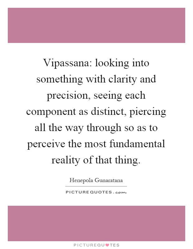 Vipassana: looking into something with clarity and precision, seeing each component as distinct, piercing all the way through so as to perceive the most fundamental reality of that thing Picture Quote #1